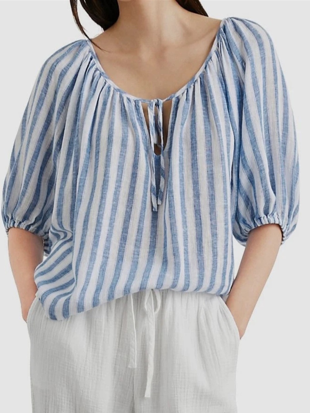 Rails Kirstie Blue Striped Linen-Blend Peasant Top